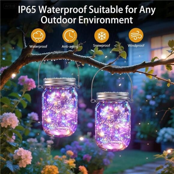 Solar Mason Jar Lights [Upgraded], 12 Pack 30 LED Firefly Fairy String Lights - Picture 6 of 7